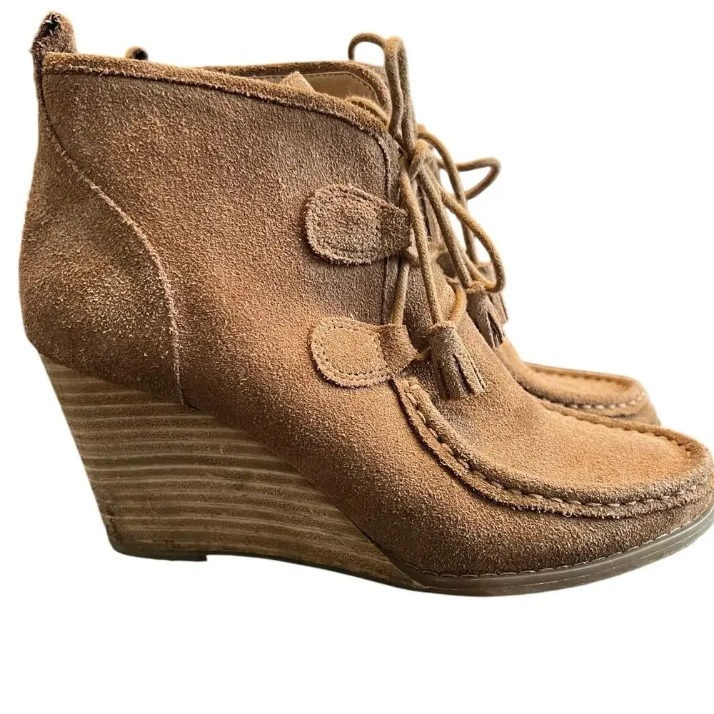 Lucky Brand Booties  LP Yaney Leather Suede Ankle Wedge Size 7.5M Camel Retro